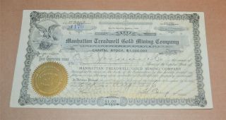 Manhattan Treadwell Gold Mining Company 1906 Antique Stock Certificate