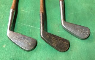 3 Antique GOLF CLUBS Irons HICKORY Shafts Putter Zenith Columbia Henry Morgan 2