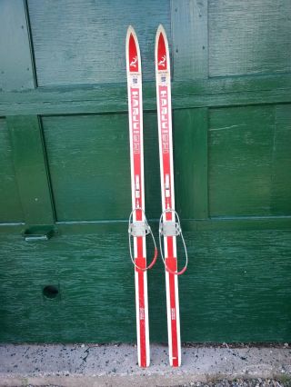Vintage Wooden 59 " Skis With Red White And Red Finish With Cable Bindings