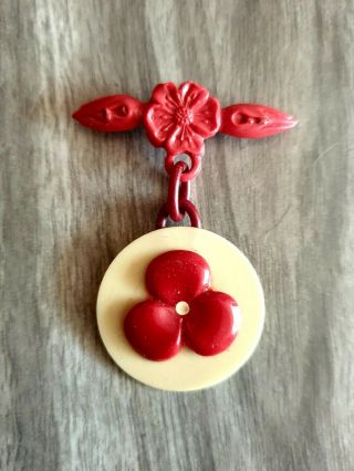Rare 1930s Art Deco Celluloid Sweetheart Floral Drop Brooch In Red And Cream