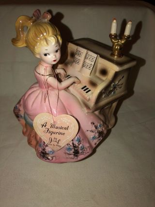 Rare 50s Josef Originals Porcelain Girl In Pink Dress Playing Piano Music Box