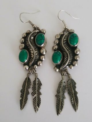 Antique Old Pawn Navajo Sterling Silver 925 Turquoise Signed Earrings 16.  6 Grams