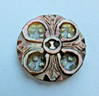 Antique Vtg Victorian Pierced Carved Mop Shell Button Ornate 3/4 " (j)