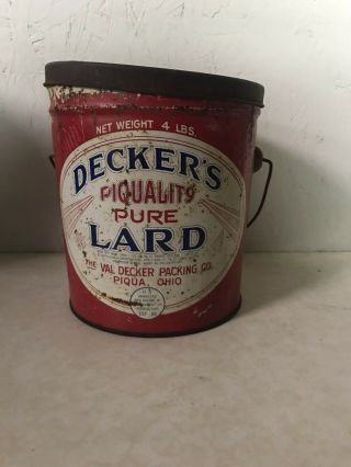 Deckers Quality Pure Lard 4 Pound Tin Bucket Old Rare Vintage