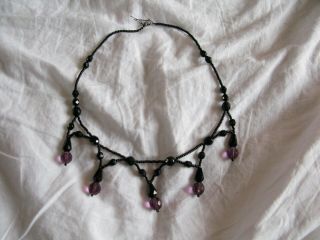 Antique Victorian Mourning Glass Bead Necklace Black And Purple