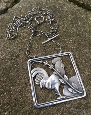 Old Rare Art Deco Georg Jensen /malinowski Sterling Silver Rooster Necklace 96