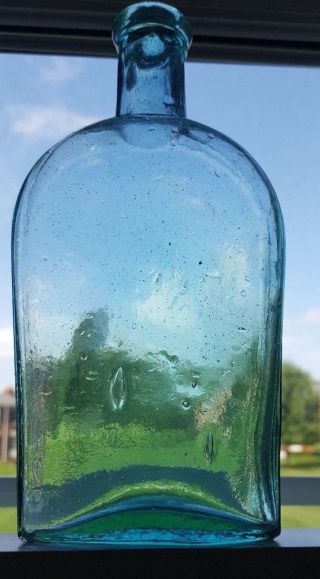 Antique Strap Side Aqua Glass Pint Flask Bottle