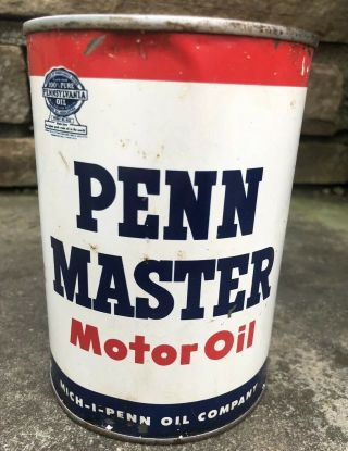 Vtg Penn Master Motor Oil 1 Quart Oil Can Full Mich - I - Penn Detroit Michigan Rare