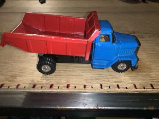 Vintage Japan Tin Friction Dump Truck Red & Blue.  Very Rare