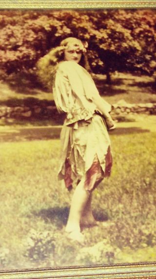 Antique Color Photograph Of Young Woman Posing In A Field Framed 11 X 9