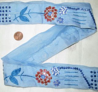 Vintage Antique Border Sari Trim Lace Rare Old Beads,  Sequins 2.  5 Ft Blue Abe5e