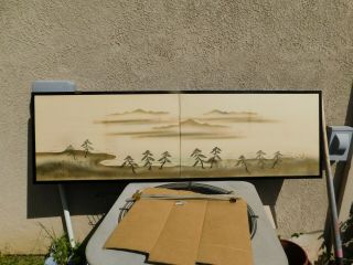 Big Old Japanese Folding Panel Hand Painted Wall Hanging With Hardware