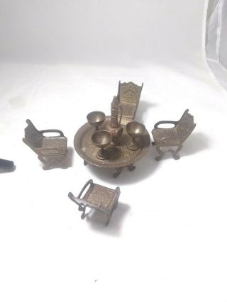 Vintage Miniature Dollhouse Brass Tea Set With Table And Chairs