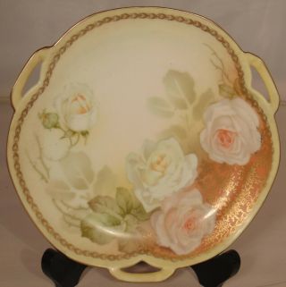 Antique Rs Germany Prussia Porcelain 3 Handled Cake Plate White Roses 8 " Gilded