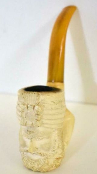 Antique Estate Turkish Carved Meerschaum Pipe With Amber Stem Turk Sultan Head