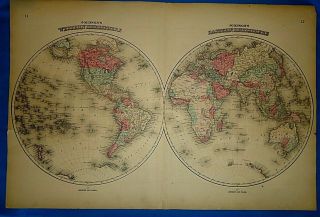Vintage 1864 East - West World Hemispheres Map Old Antique & Authentic Atlas Map