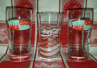 Rare Coca Cola Glasses,  2 Anchor Hocking Color Block Fishtail Logo,  1 Italy Made