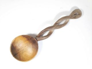 Vintage Antique Primitive Hand Carved Wooden Large Spoon Ladle 12 " Spiral Handle