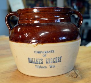 Red Wing Stoneware Advertising Bean Pot Elkhorn Wisconsin Millers Grocery Antiqu