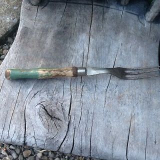 Early Primitive Very Large Fork Wooden Handle Old Green Paint Unusual