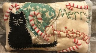 Primitive Merry Christmas Black Cat Shelf Pillow - Made From Vintage Quilt