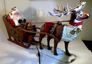 Animated Christmas Reindeer & Santa On Sleigh Trim A Home 1998 Rare See Video