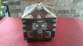 Vintage Wood And Brass Jewellery Box Vgc
