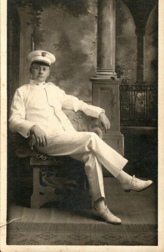 Antique Vintage Rppc Postcard U.  S.  Naval Officer In His Whites Great Photo