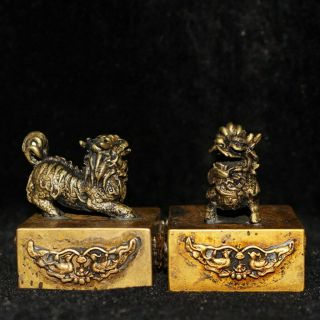 Collectable Precious Handwork Copper Carved Two Lions & Two Geese Exquisite Seal