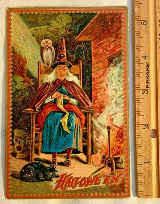 Antique Halloween Vintage Postcard Raphael Tuck Witch Hat Owl Black Cat Fire Wow