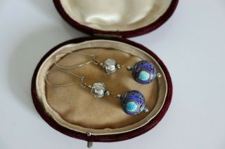 Antique Chinese Export Blue Enamel Ball Drop Earrings C 1910 3 " Long