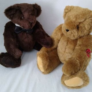 Vintage Vermont Teddy Bears Two Jointed 17 " Bow Tie Dark Brown Tan Plush Euc