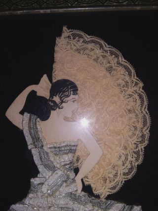 VINTAGE ANTIQUE FRAMED RIBBON ART DECO PAPER DOLL PICTURE OF DANCER 2