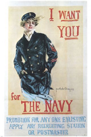 Vintage " I Want You For The Navy " Recruiting Poster Woman In Pea Coat 24x36