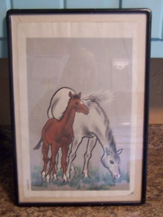 Vintage Signed Woodblock Print 2 Horses White And Brown Foal Uchida Watermark