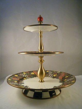 Mackenzie - Childs Evergreen Courtly Check Enameled 3 - Tier Sweet Stand Rare