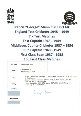 George Mann England Test Cricketer 1947 - 1949 Rare Autograph Card