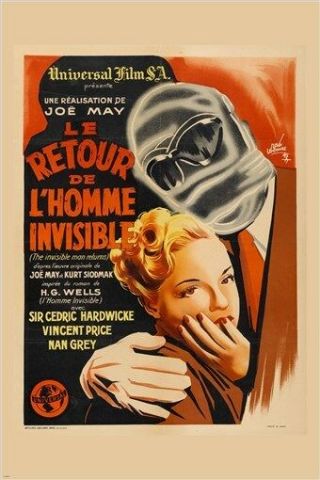 Vintage French Movie Poster The Invisible Man Returns Joe May Unusual 24x36