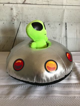 Green Alien UFO Flying Saucer Shiny Spaceship Plush RARE 3