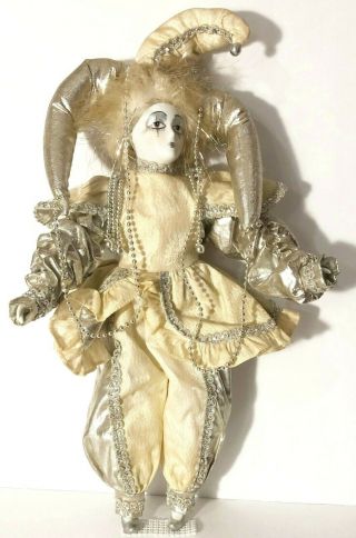 Vintage Harlequin Jester Doll 19 " Porcelain Clown Pierrot