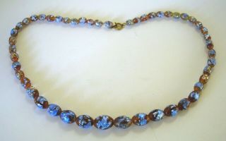 Pretty Antique Art Deco Venetian Blue Foil Glass Bead Necklace 19 Inches Long