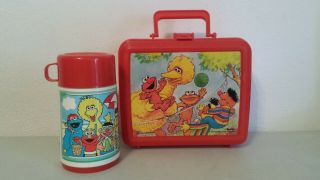 Vintage Red Sesame Street Lunchbox With Thermos Big Bird Elmo Bert Ernie Rare