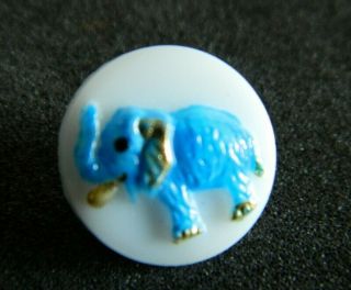 Vintage Milk Glass Kiddie/childrens Button Blue Elephant Painted Raised Relief