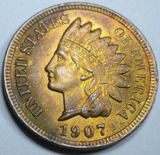 1907 Bu Us Indian Head Penny 1 Cent Old Antique U.  S.  Currency Money Coin Usa