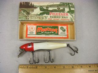 Vintage Pflueger Mustang Minnow Antique Fishing Lure Red Head White Wood W/box
