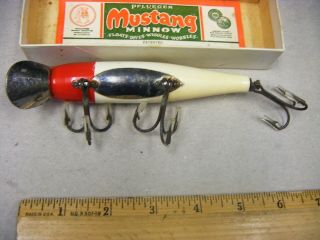 Vintage Pflueger Mustang Minnow Antique Fishing Lure Red Head White Wood w/BOX 3