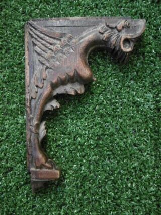 19thc Architectural Gothic Oak Carved Winged Griffin Bracket C.  1860