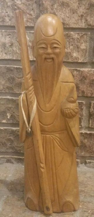 Antique Chinese Japanese Carved Wooden Wise Man With Staff Statue 15 " Tall