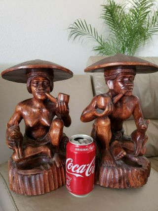 Rare Vintage​ Oriental Chinese Hand Carved Wood Figure Man Woman W/pipe Dog Pair