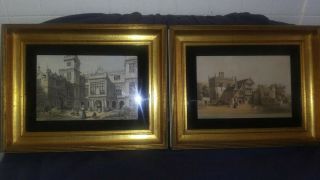 Set 2 Antique Hand - Colored Copper Plate English Engravings